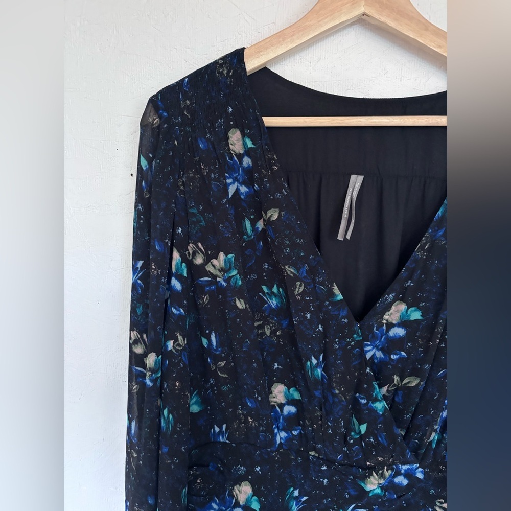 Anthropologie Blue Floral Long Sleeve V Neck Ruched Flowy Mini Boho Dress - Picture 7 of 14